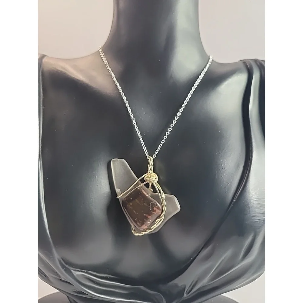 Handmade Wire Wrapped‎ Sea Glass Pendant Necklace Frosted Glass Boho Jewelry